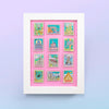 Group Shot of Stamp Enamel Pins in Frame featuring Cedar Forest, The Express, White City, Pacha's Hut, Asgard, Starship, Lorien, the Kingdom