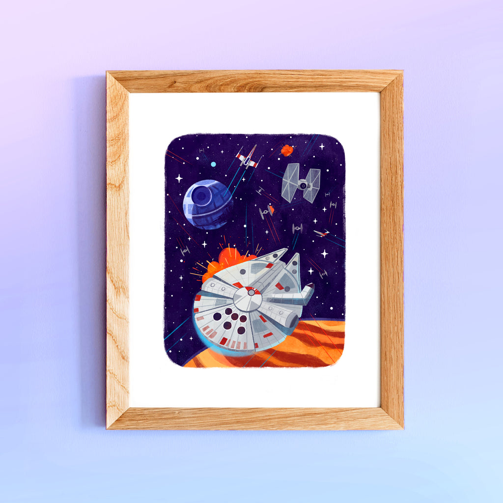 8 x 10 Framed Fanart Art Print Mockup A Galaxy Far, Far Away - A painting of Intergalactic space crafts fighting in space.