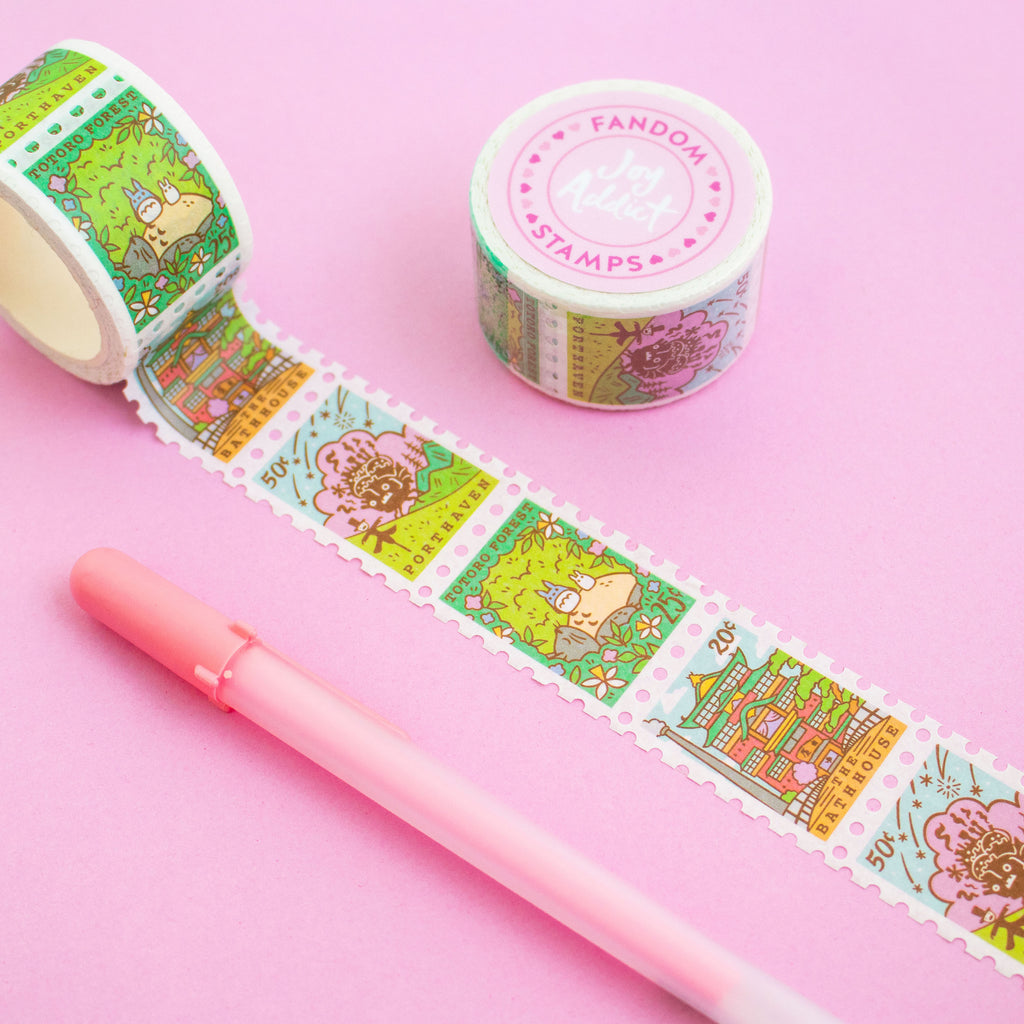 Paper Washi Tape that features Japanese Anime designs: Porthaven, Forest Spirits, The Bathhouse. With gel pen on plain background.