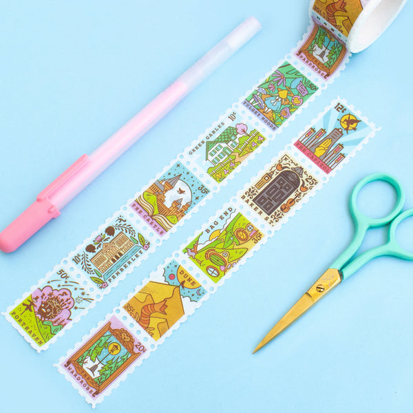 Literary book lover bookish washi tape featuring Bag End, Dune, Wardrobe, Pemberley, The Castle, Anne of Green Gables, Tulgey Woods, The Capitol, Porthaven, Baker Street
